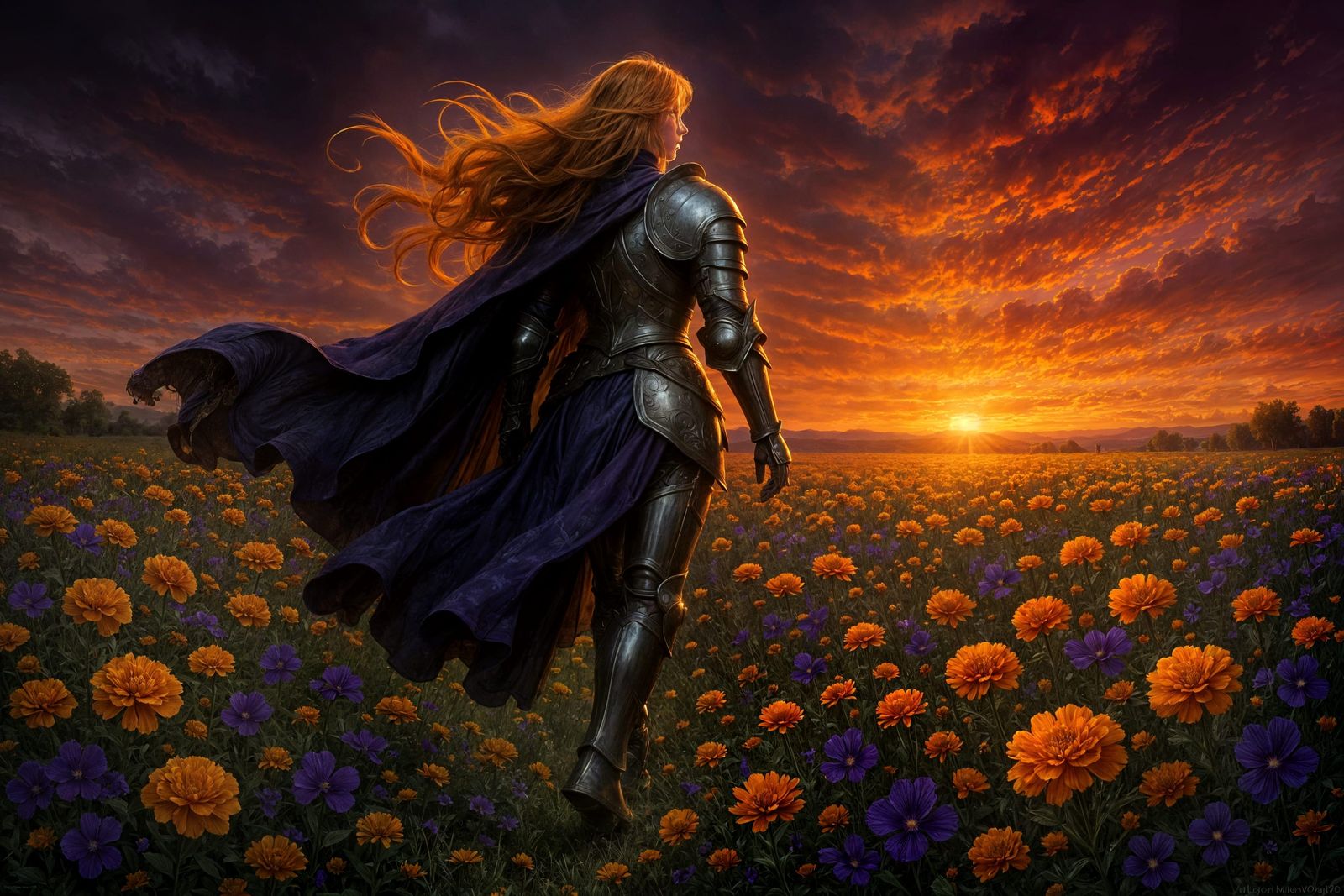 Knight Silhouetted Against Violet Sunset, Photorealistic Dig...