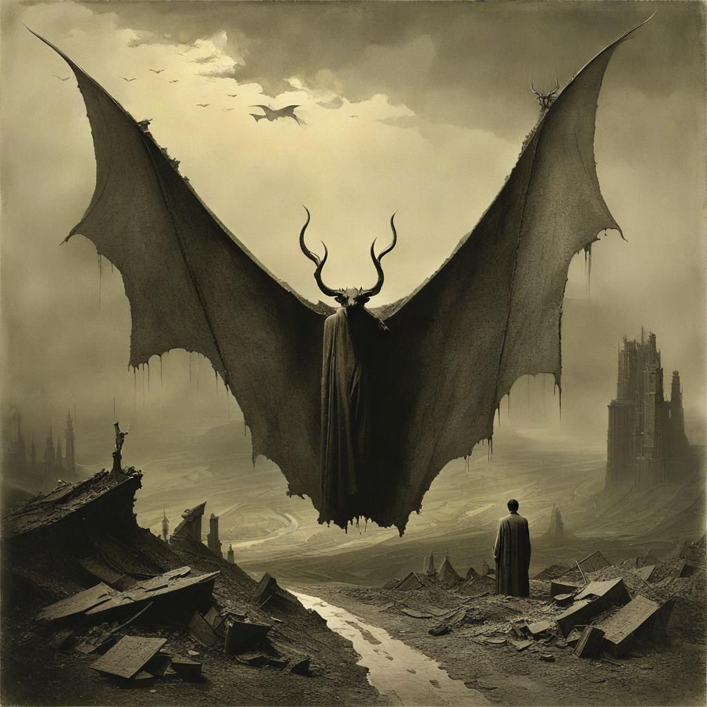 Floating Demon Over Ruined World: Surreal Art