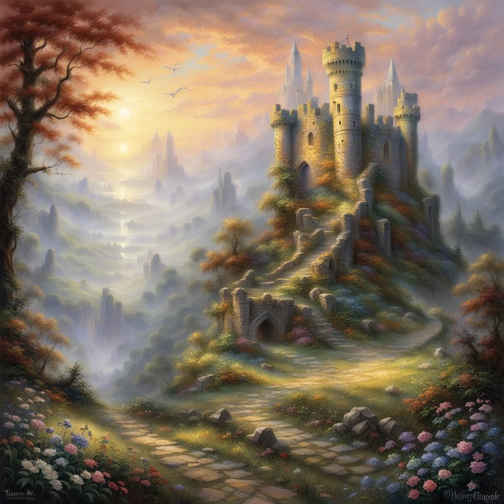Ethereal Medieval Castle Ruins in Mist