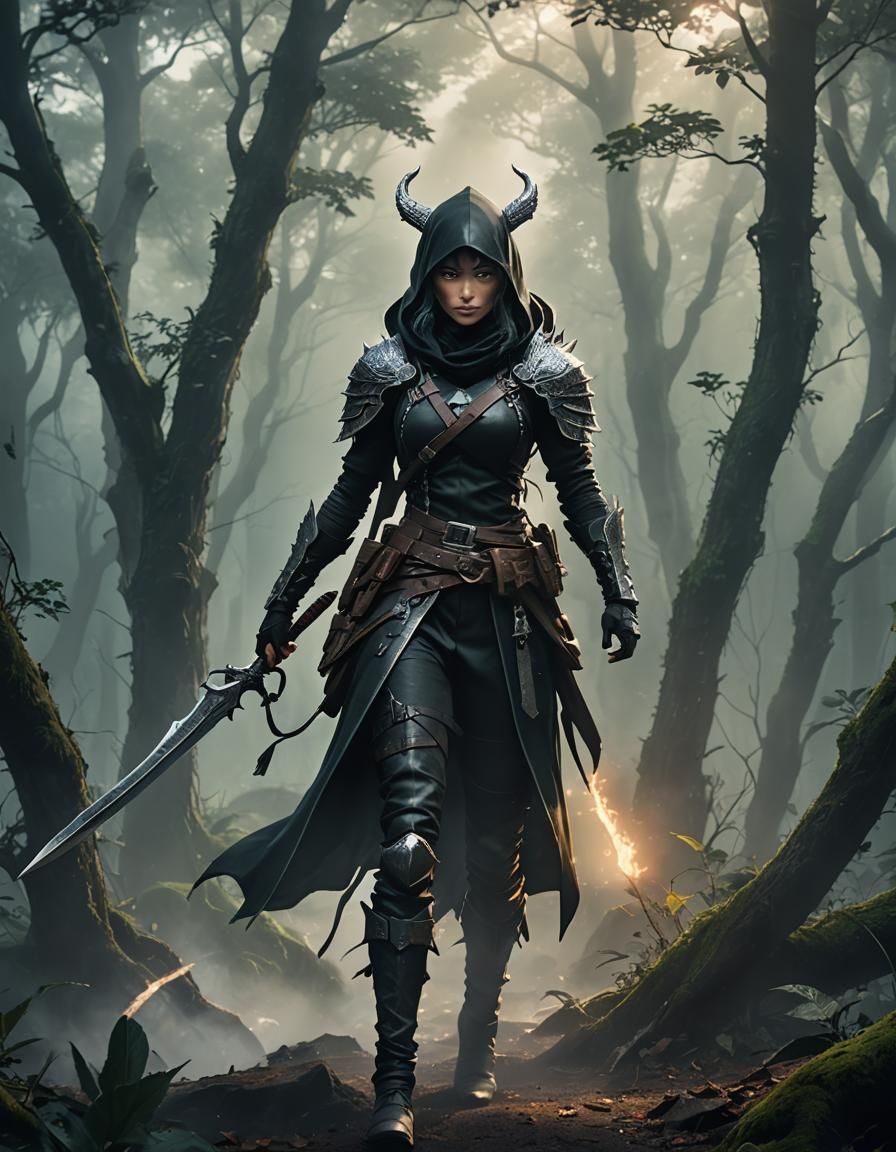 Anime Ranger with Dragon in Misty Forest