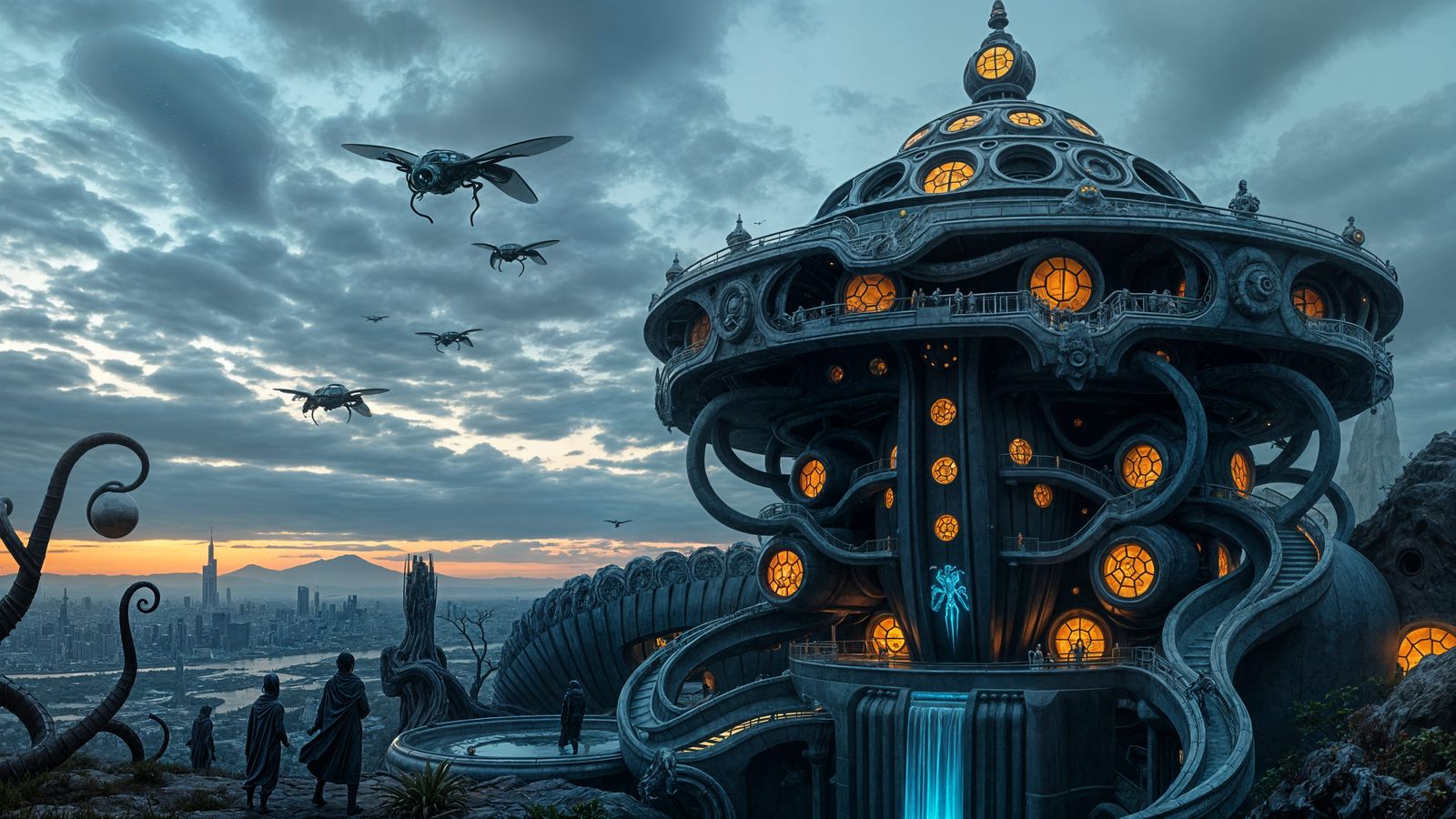 Biomechanical Alien Hive City at Dusk