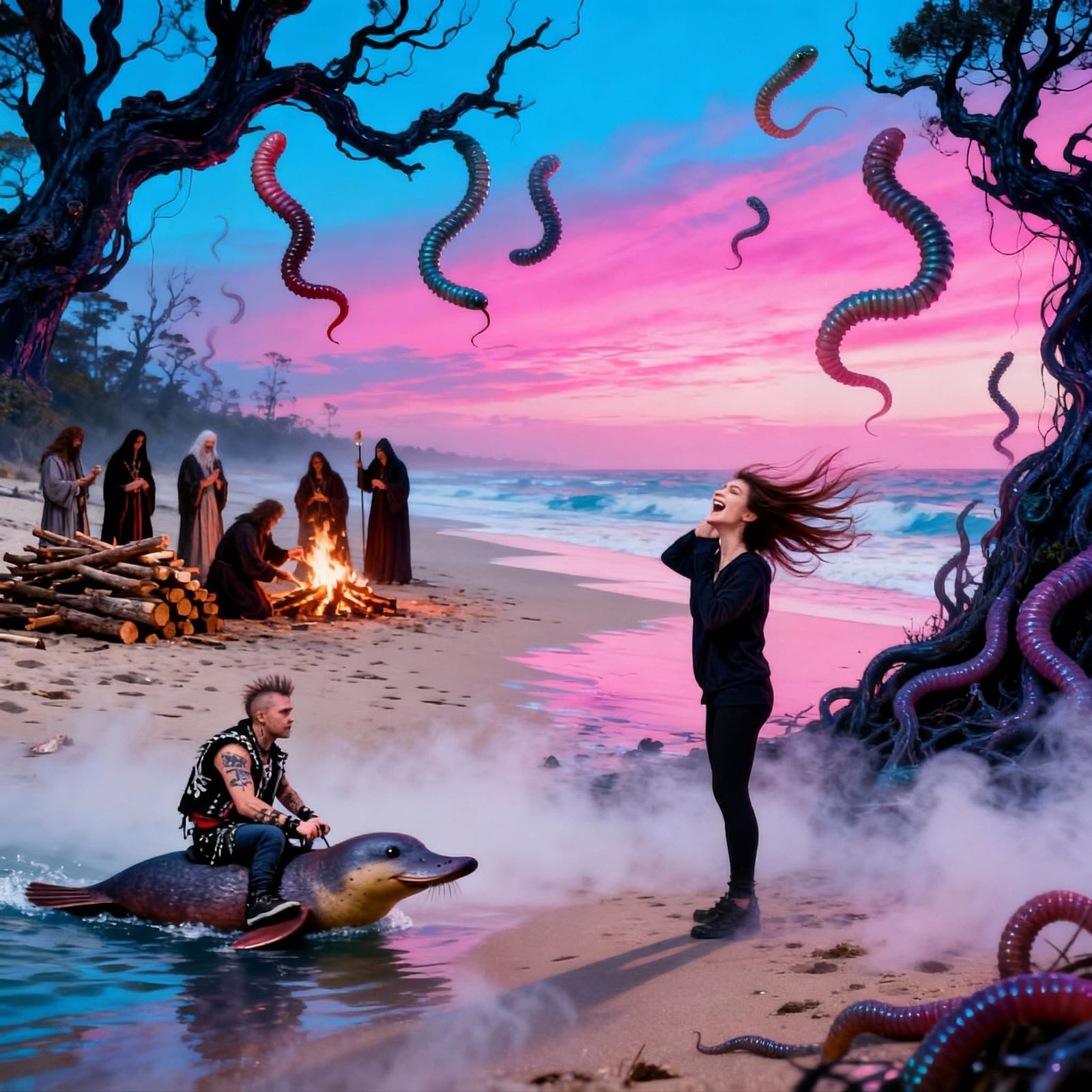 Ecstatic Woman on Surreal Beach with Punks and Worms
