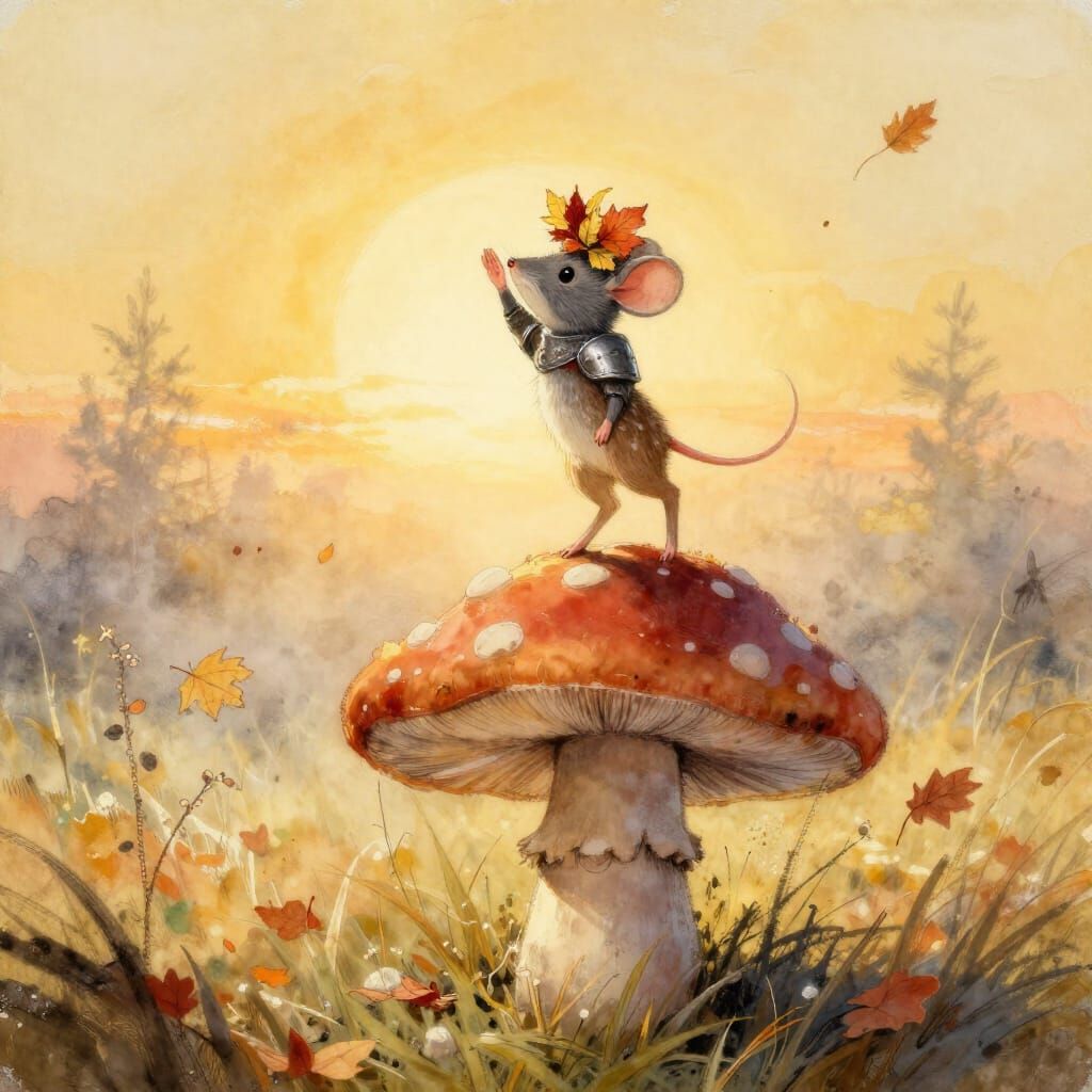 Mouse Knight Salutes Sunrise as Fawn Wanders Meadow