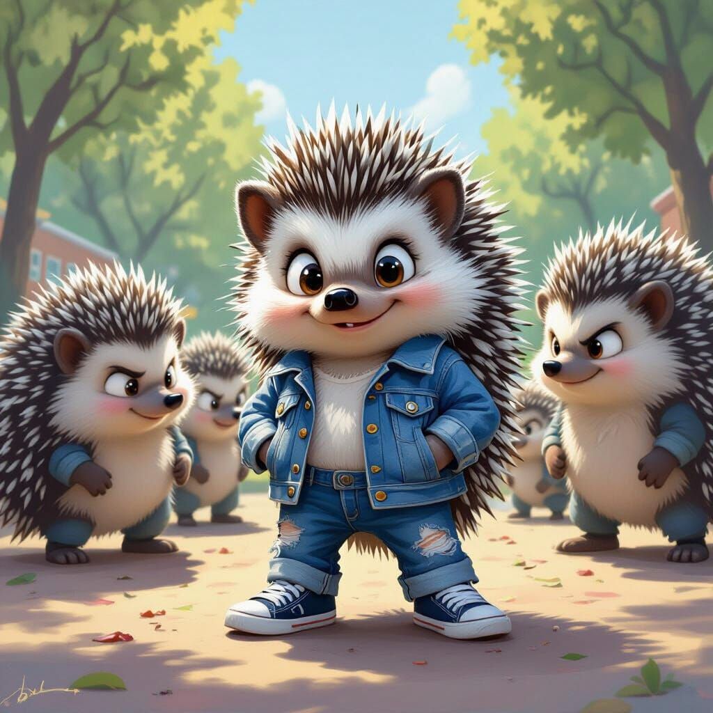 Hedgehog in School Playground, Disney Cartoon Style