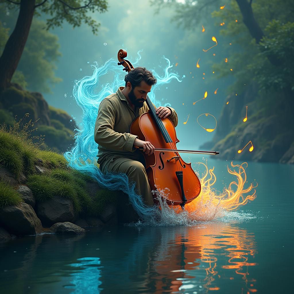 Musical Cello Player in Fantasy Landscape