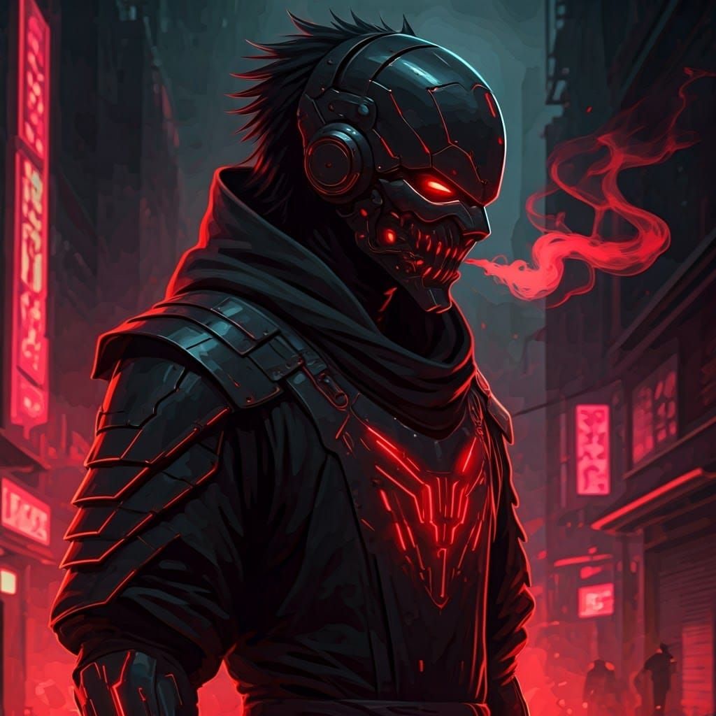 Cyberpunk Samurai with Red LED Outfit in Neon City