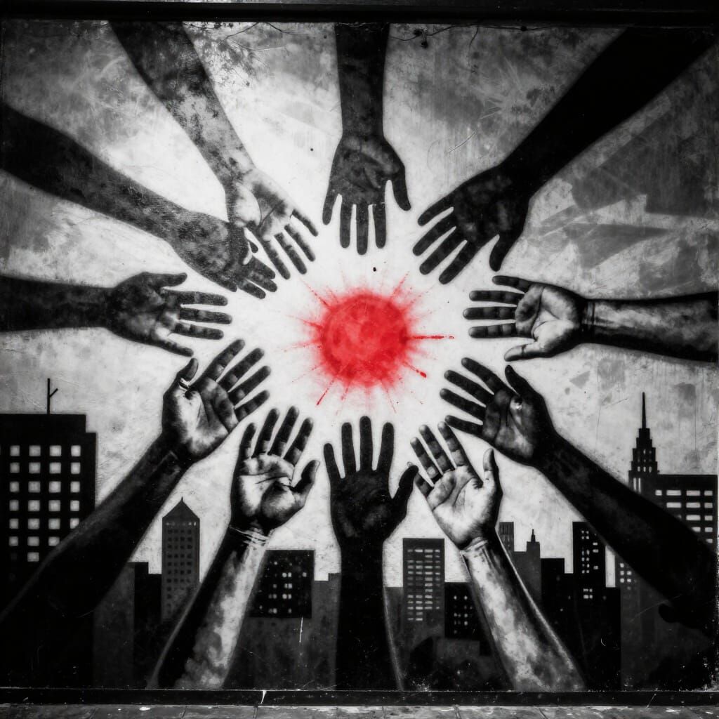 Street Art of Diverse Hands Reaching for Unity