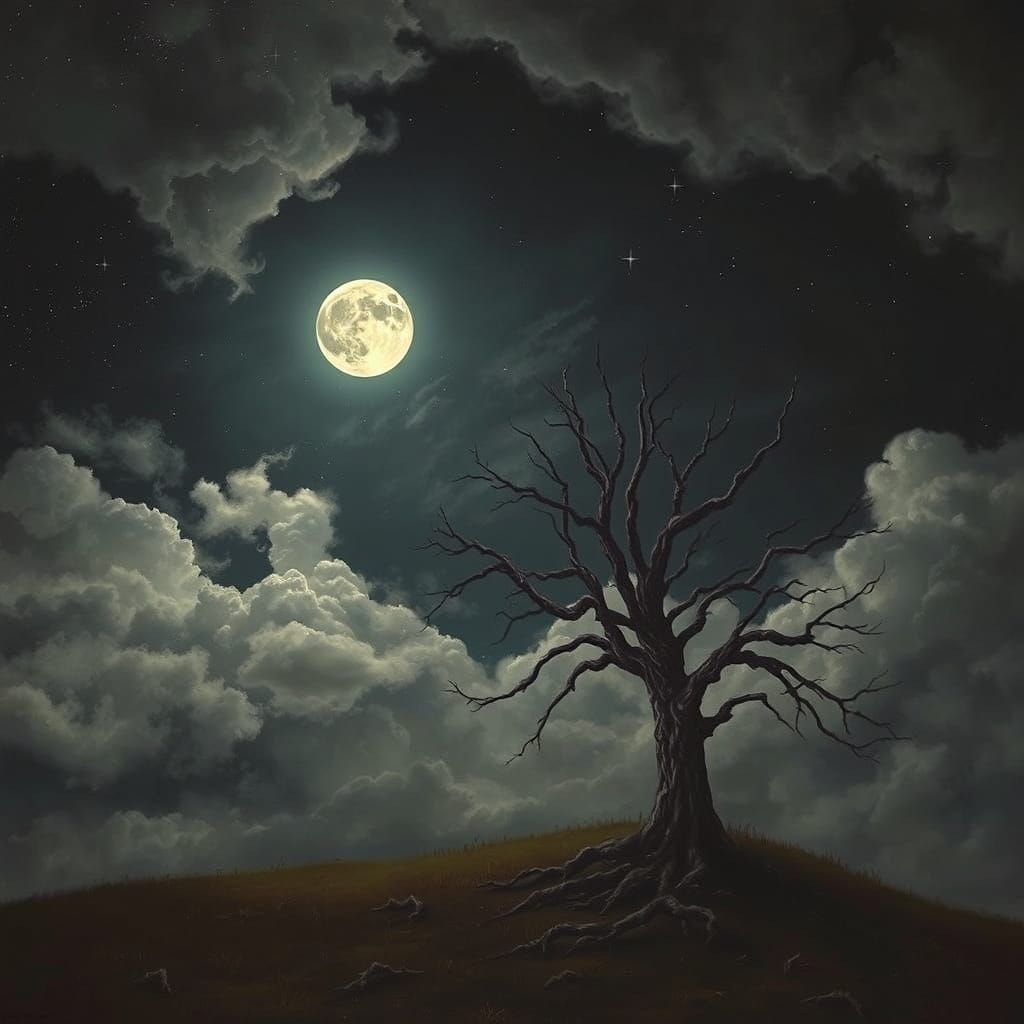 Haunting Landscape with Lone Tree and Full Moon