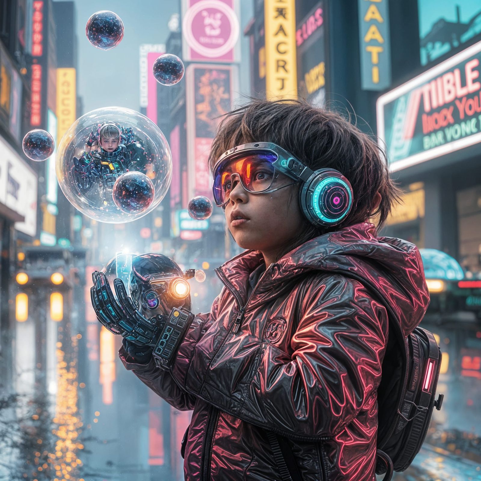 Cyberpunk Child with Planetary Bubbles in Neon City