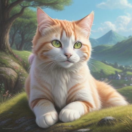 Calico Cat on Hill in Whimsical Pastel Landscape