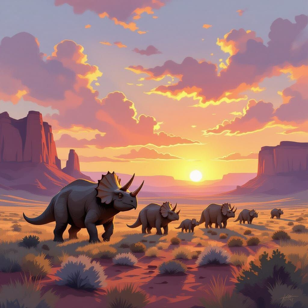 Triceratops Family in Jurassic Landscape, Watercolor Style