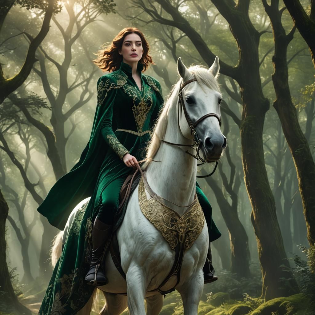 Anne Hathaway Rides White Horse in Mystical Forest