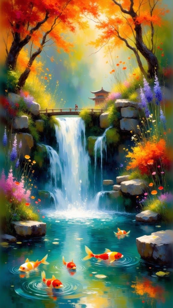 Enchanted Japanese Waterfall in Autumn Mist