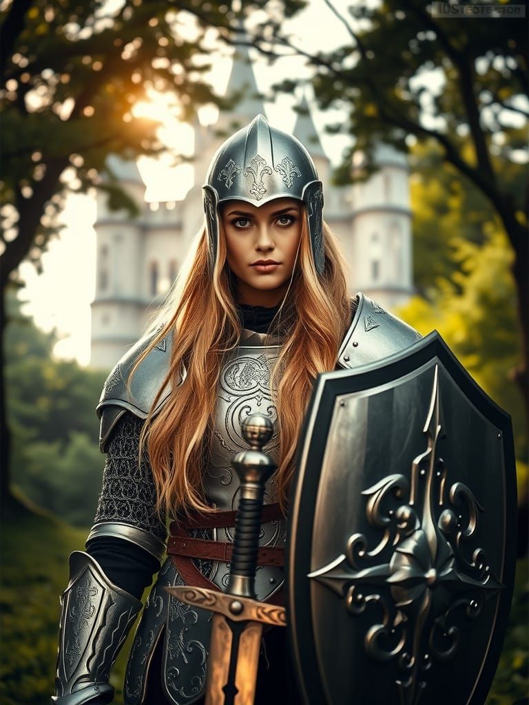 Epic Female Crusader in Silver Armour, Lush Forest and Castl...