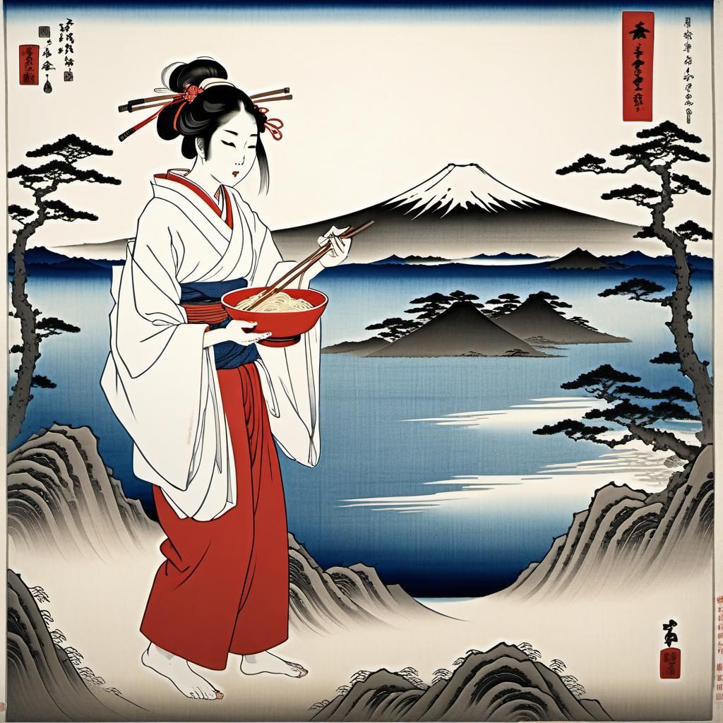 Shrine maiden eating noodles by the shores of Lake Misaka with Mt Fuji looking on hungrily