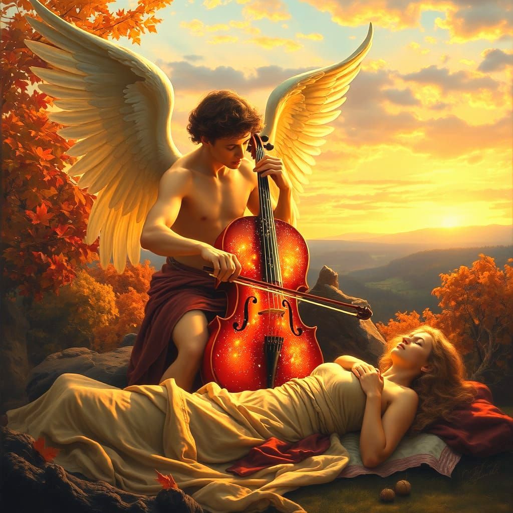 Celestial Angel Plays Starlight Cello At Autumn Sunset