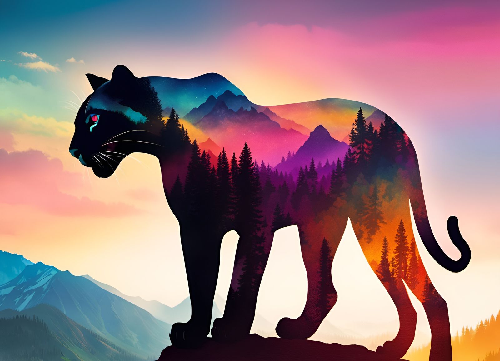 Colorful Double Exposure Mountain Panther Portrait