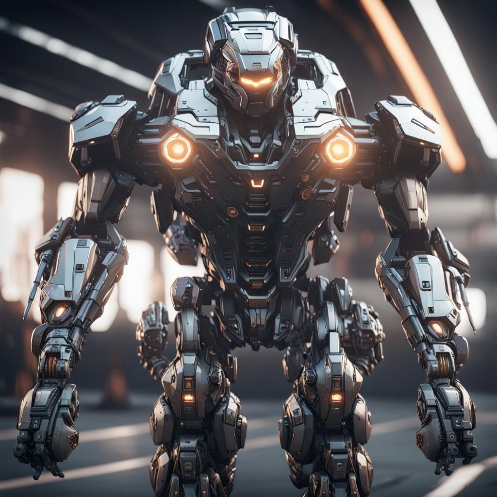 Man Driving Intricate Mech Suit in Sci-Fi City