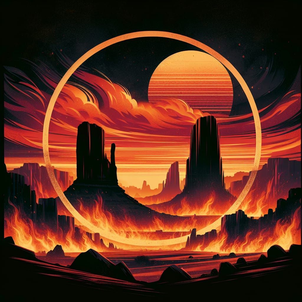 Fiery Sunset Scene with Monoliths in Circular Frame