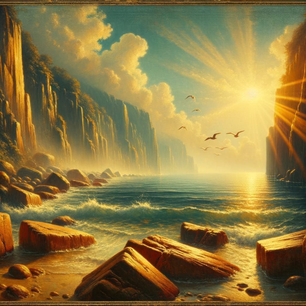 Sunlit Rocky Shore in Traditional Oil Painting