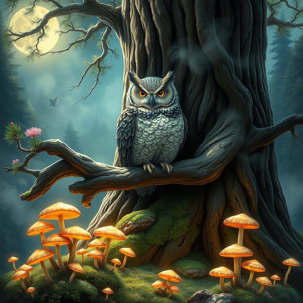 Mystical Owl in Moonlit Forest, Art Nouveau Style