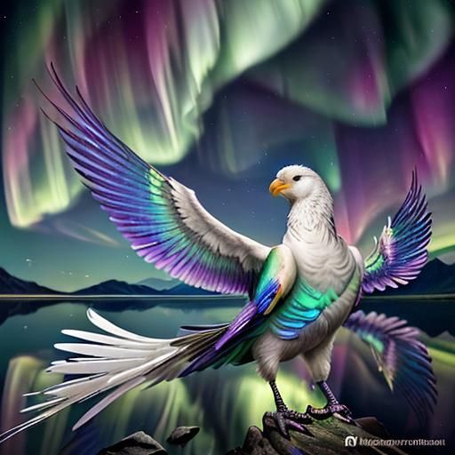 A  a majestic bird with iridescent feathers, a mythical flow...