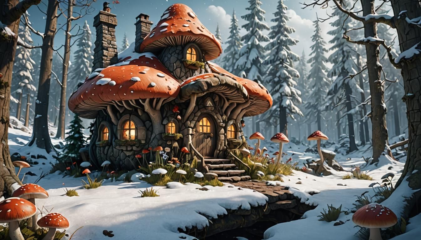 Mushroom Cottage in Snowy Forest: Fantasy Concept Art