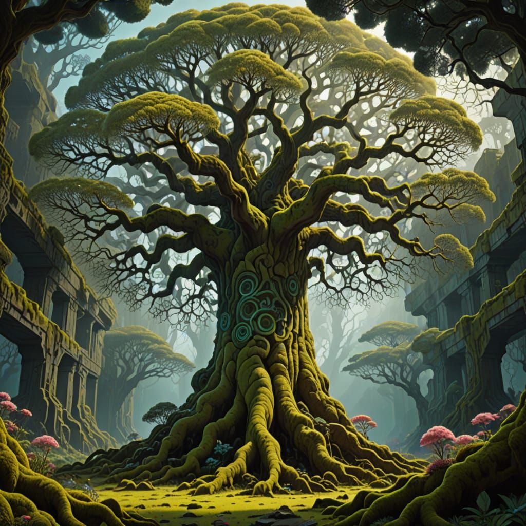 Ancient Tree With Geometric Roots and Crystalline Sky