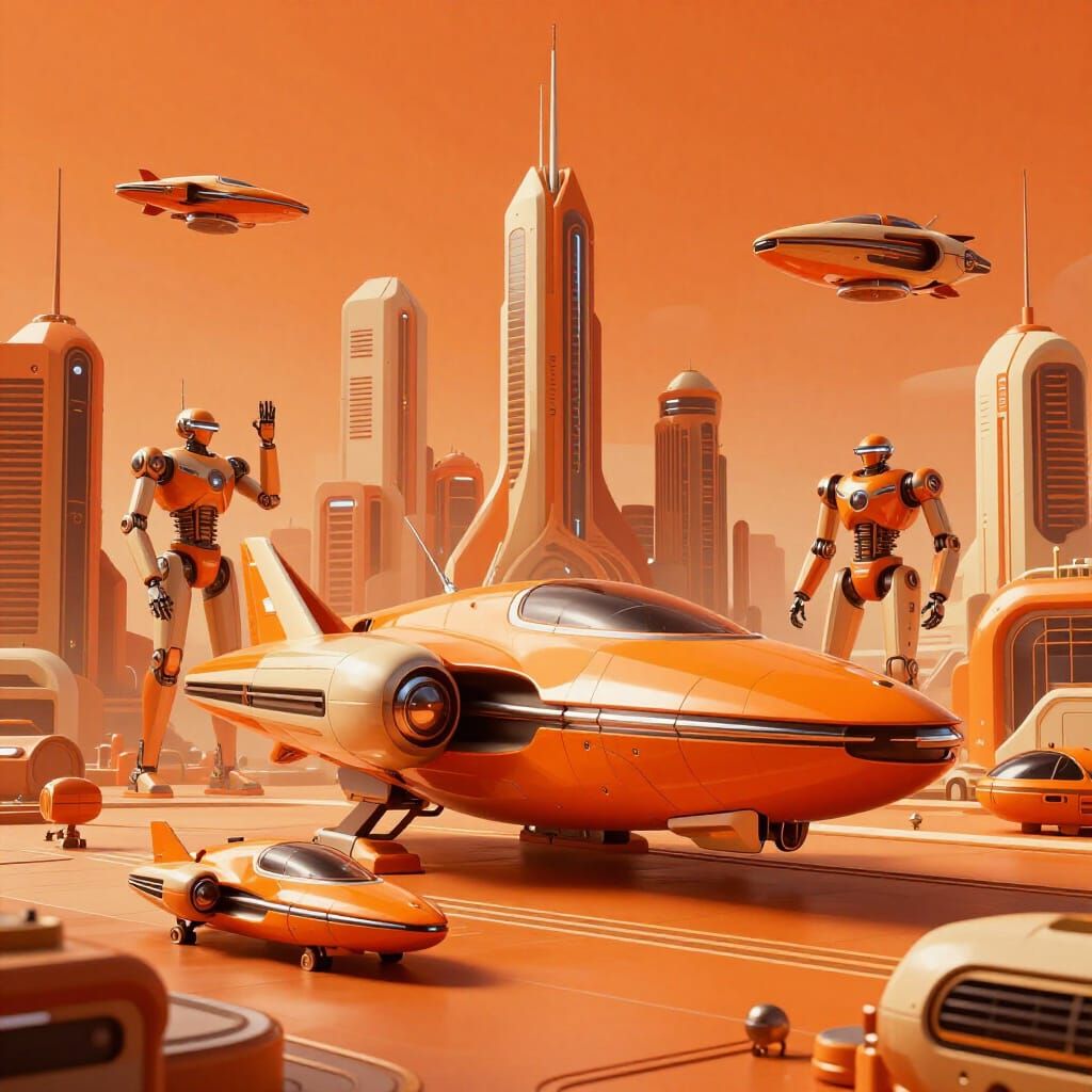 Retro-Futuristic Cityscape with Orange Hues and Sleek Machin...