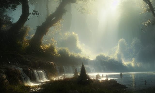 Fantasy Waterfall Scene with Fairy and Deer