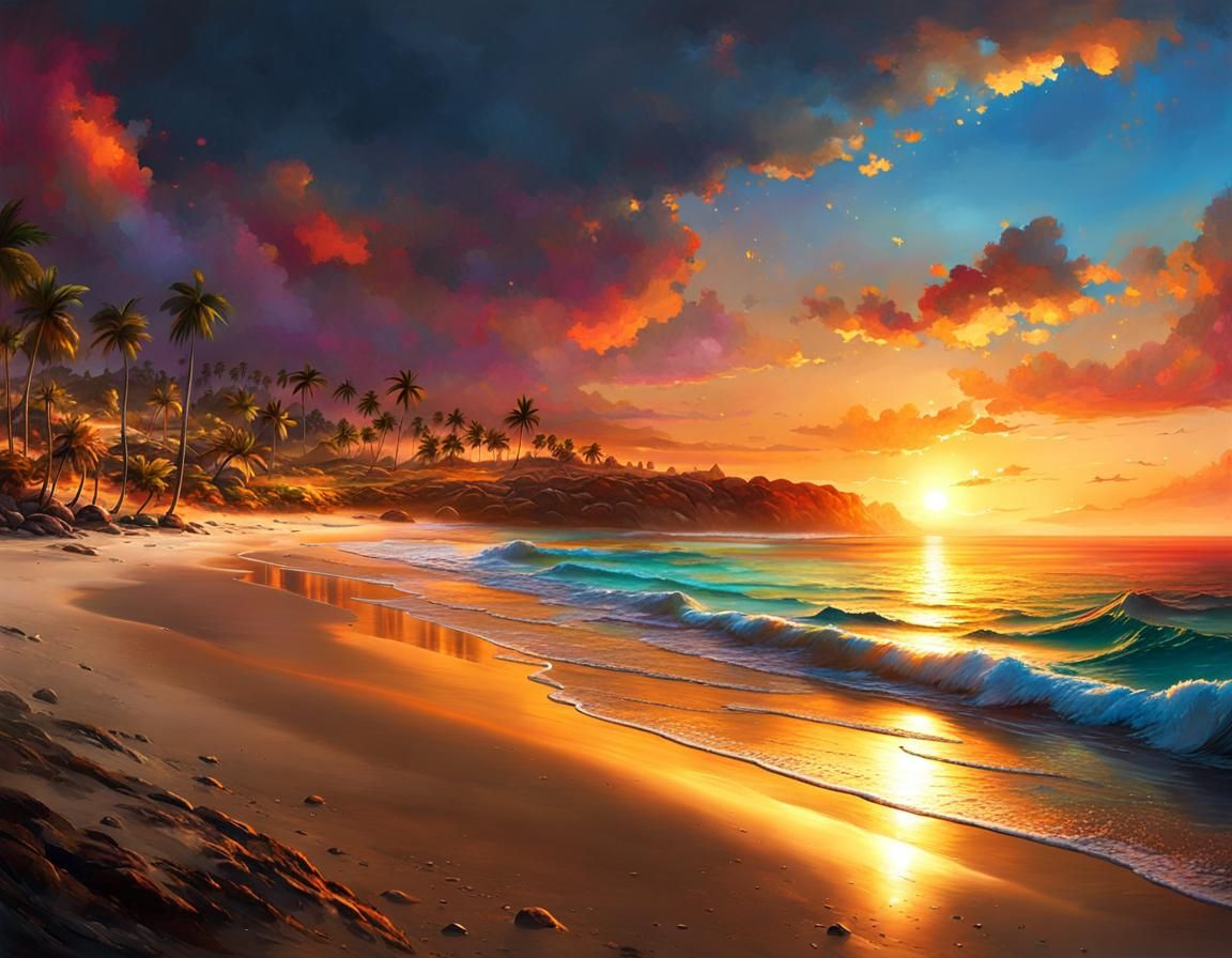 Sunset Goddess Relaxing on a Serene Beach in Cyberpunk Art S...