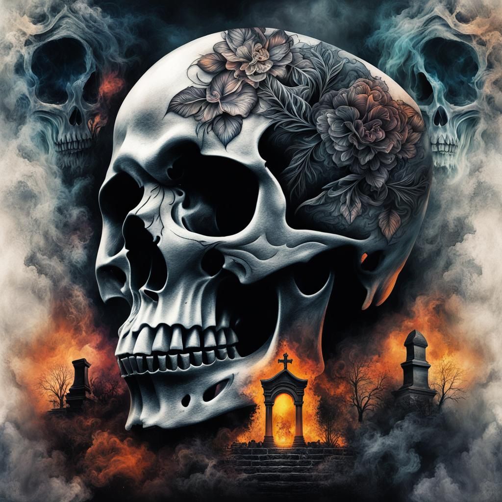 Detailed Skull Portrait with Graveyard Double Exposure