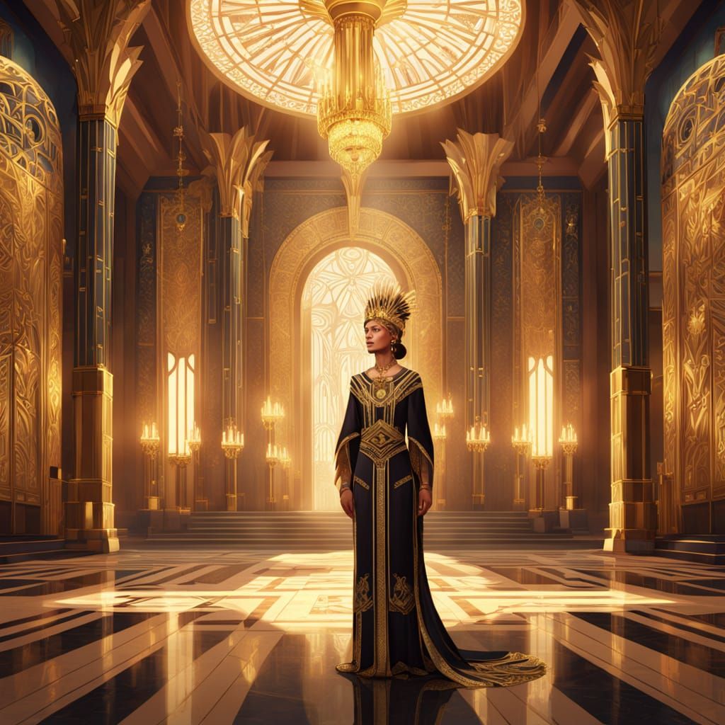 Art Deco Priestess in Ornate Golden Hall