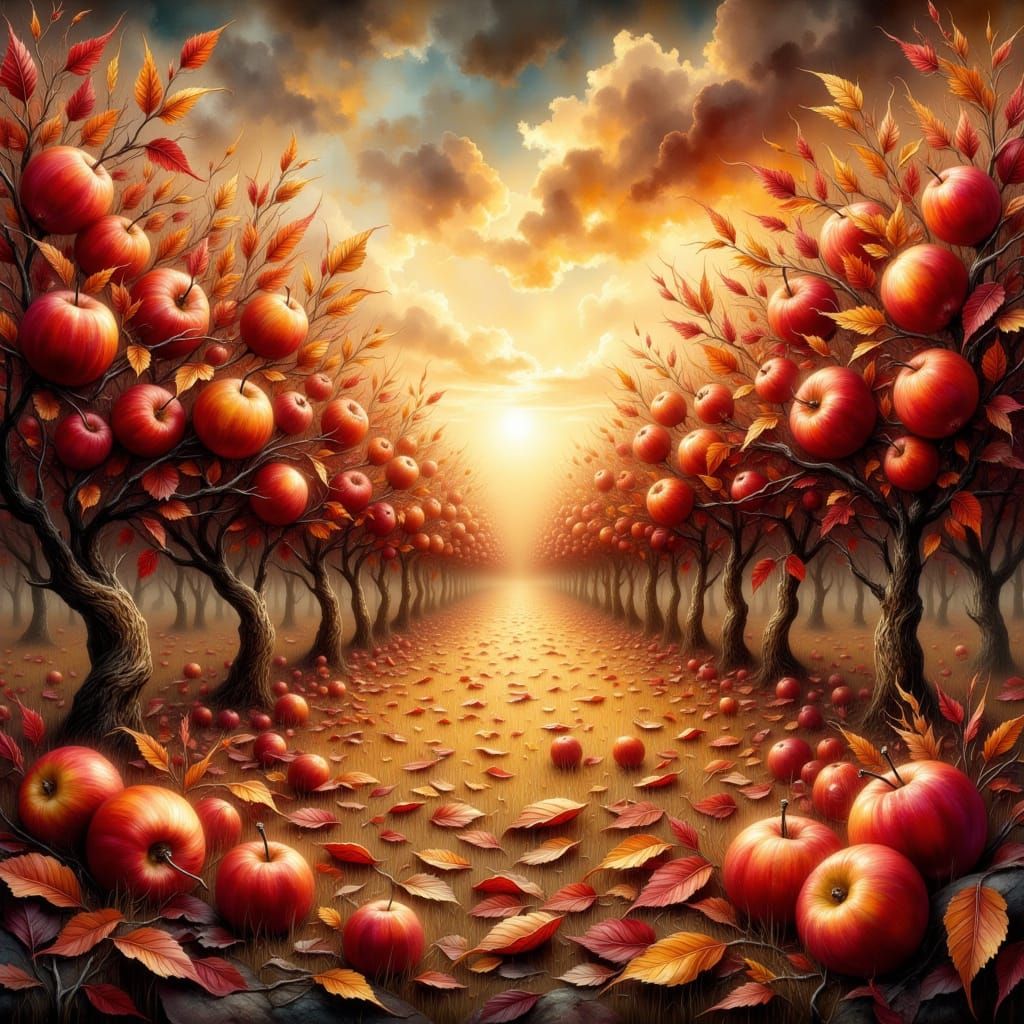Autumn Orchard With Ripe Red Apples