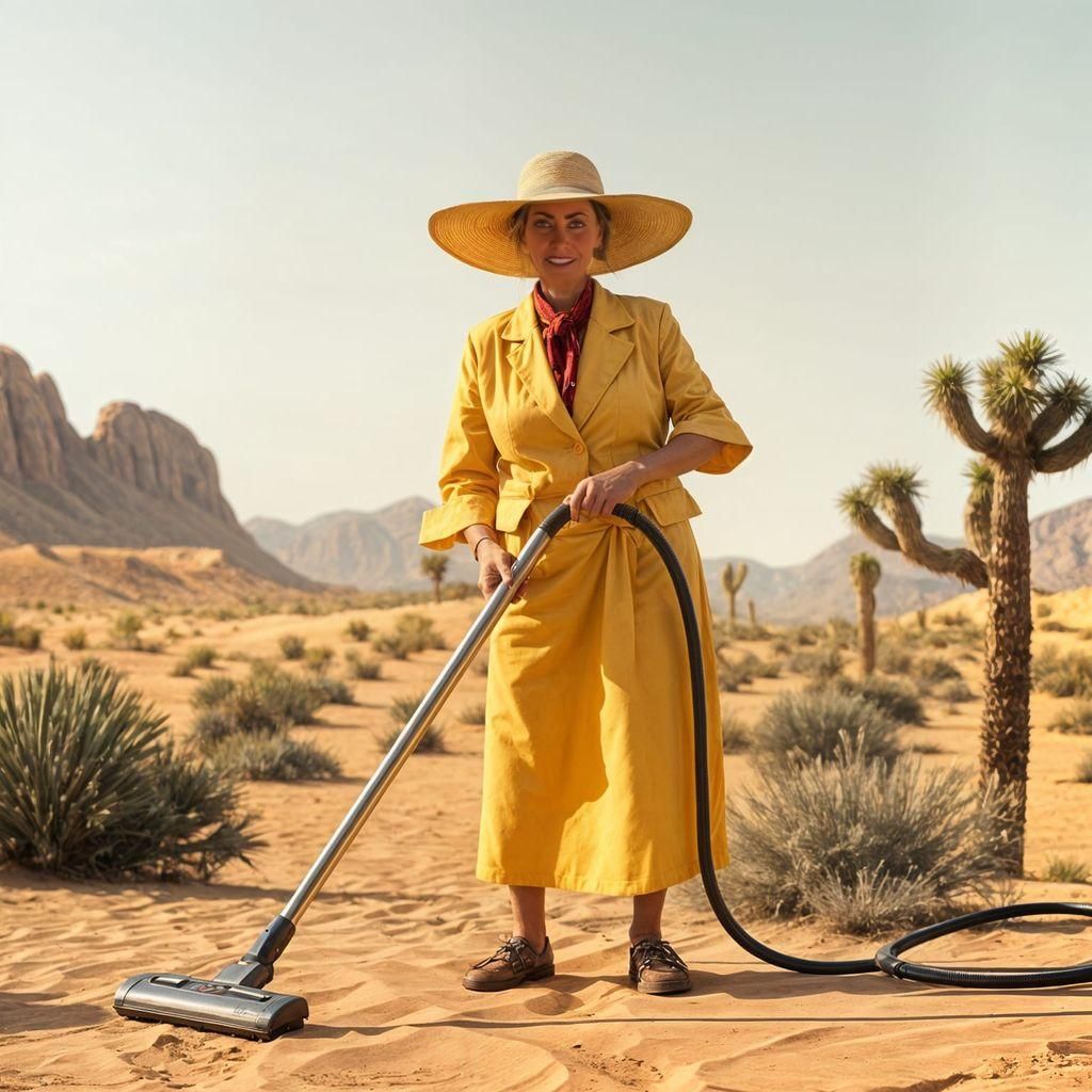 Cleaning Lady Vacuums Desert Landscape