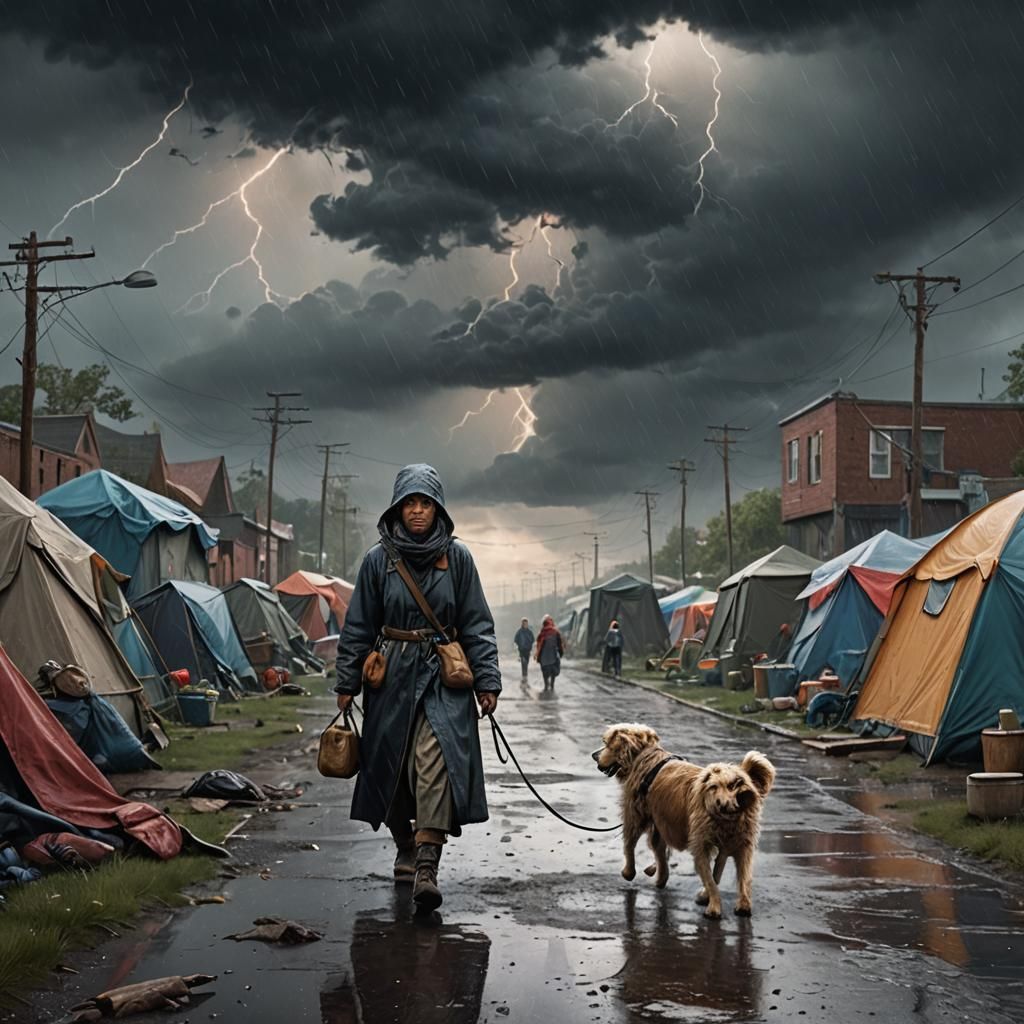 Homeless Woman and Dog in Storm: Matte Painting