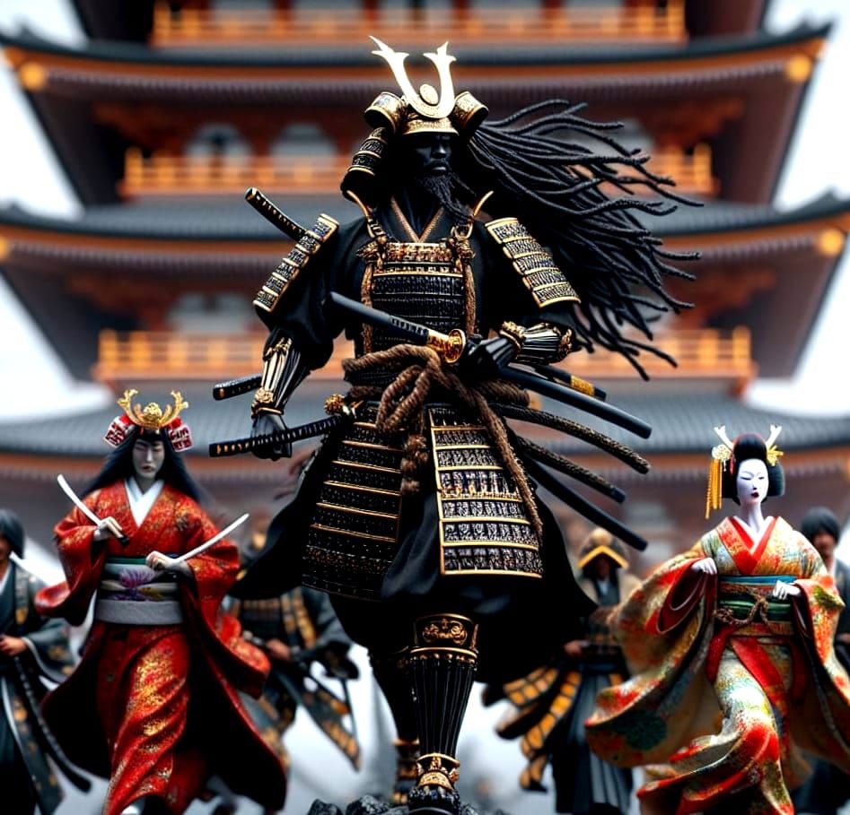 Black Samurai Leading Warriors Past Pagoda in High Definitio...