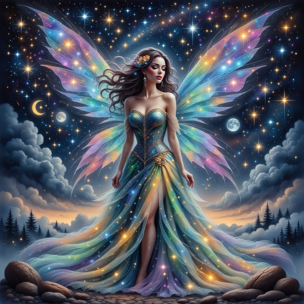 Ethereal Goddess in Cosmic Gown with Glowing Star Hair