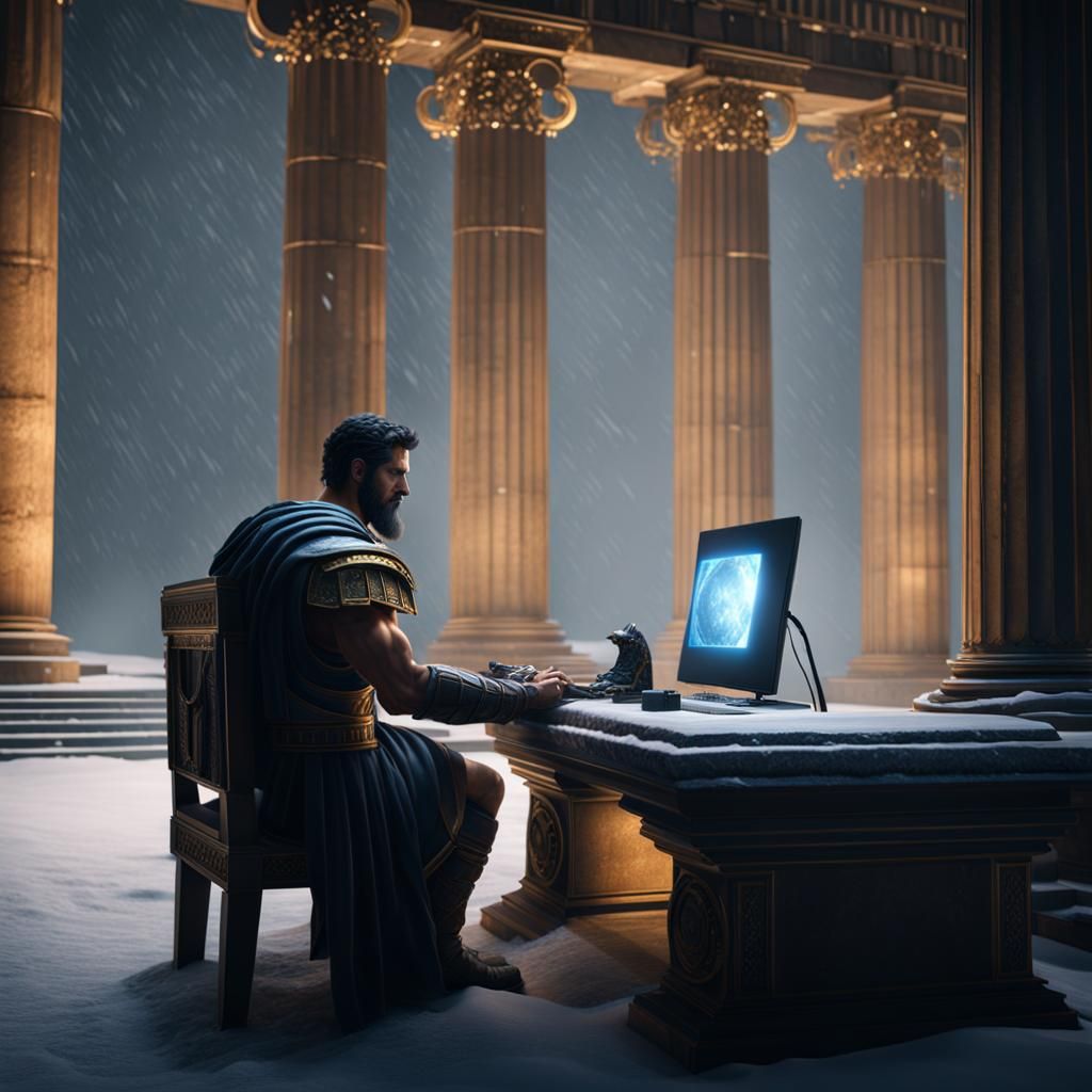 Roman Senator Gaming in Parthenon Snowstorm