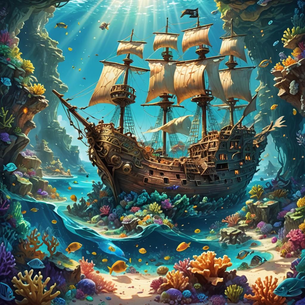 Shipwrecked Galleon on Coral Reef in Caribbean Ocean