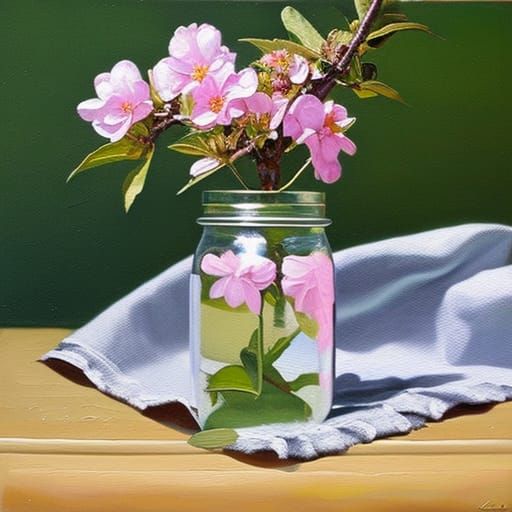 Cherry Blossom in Mason Jar Oil Painting