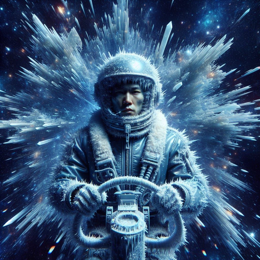 Lone pilot frozen in hyperspace, cockpit cracked with frost, surrounded by paused light particles