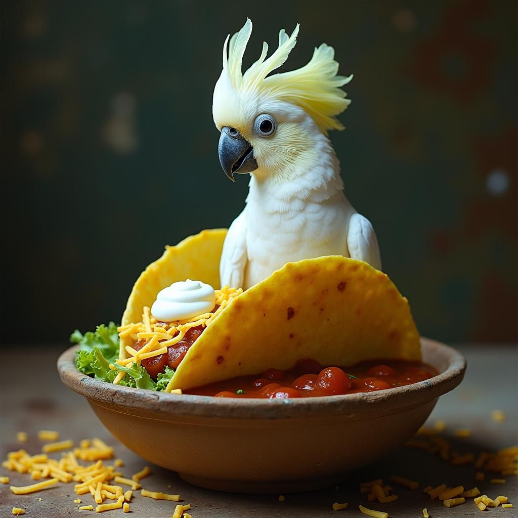 Cockatoo Taco Surreal Dreamscape, Dali and Giger Style