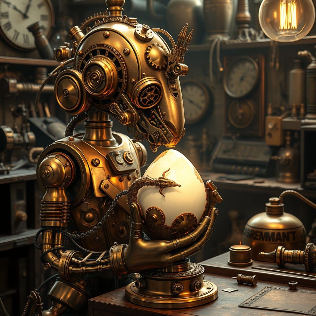 Steampunk Automaton Nurturing Dragon Egg