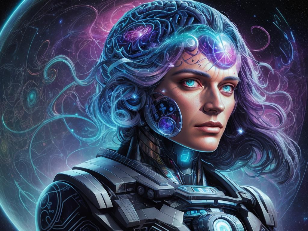 Holographic Astral Brain Portrait in Mixed Media Style