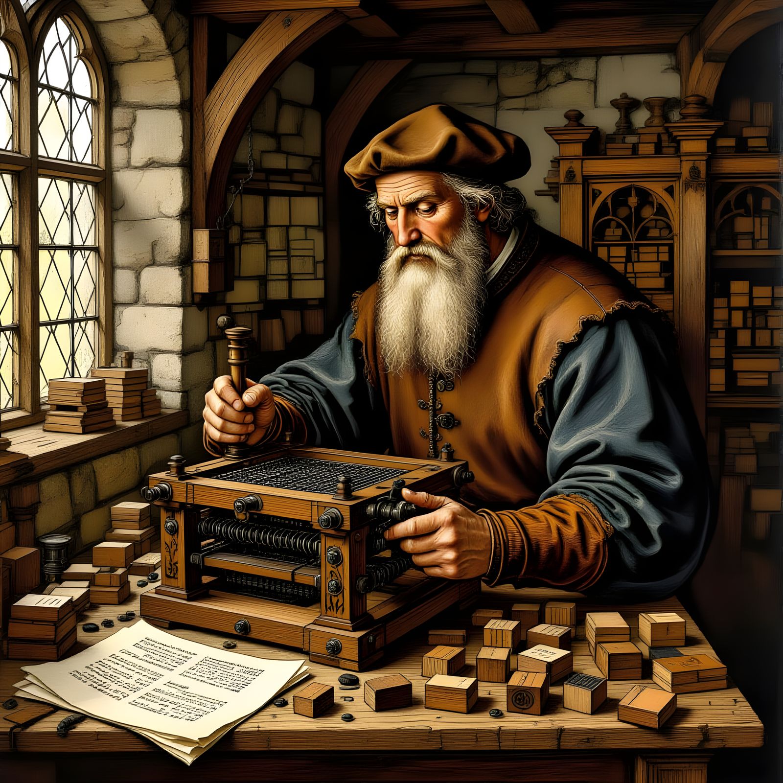 Gutenberg at His Press: A Woodcut Illustration
