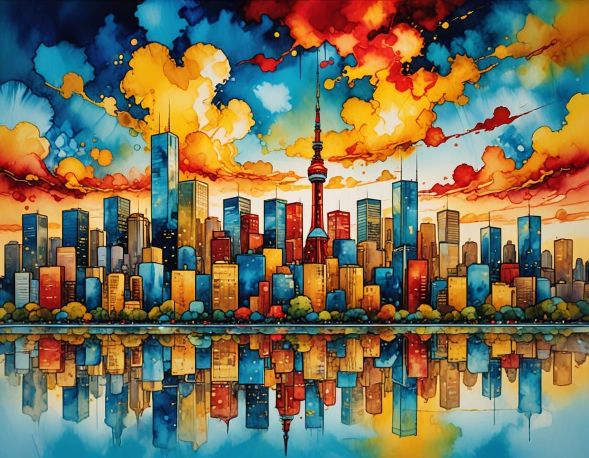 Vibrant Tokyo Skyline Alcohol Ink Art at Sunset
