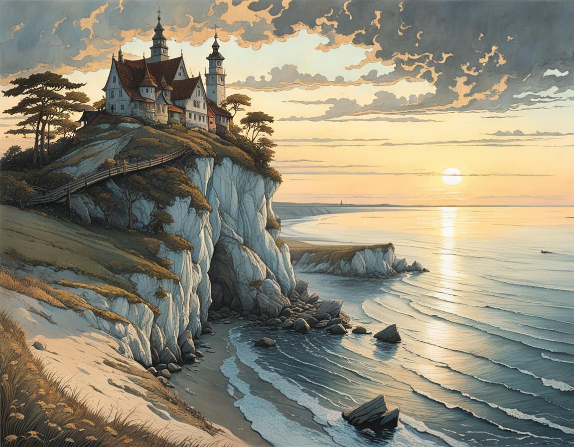 Chalk Coast of Rügen at Sunset: Fantasy Illustration