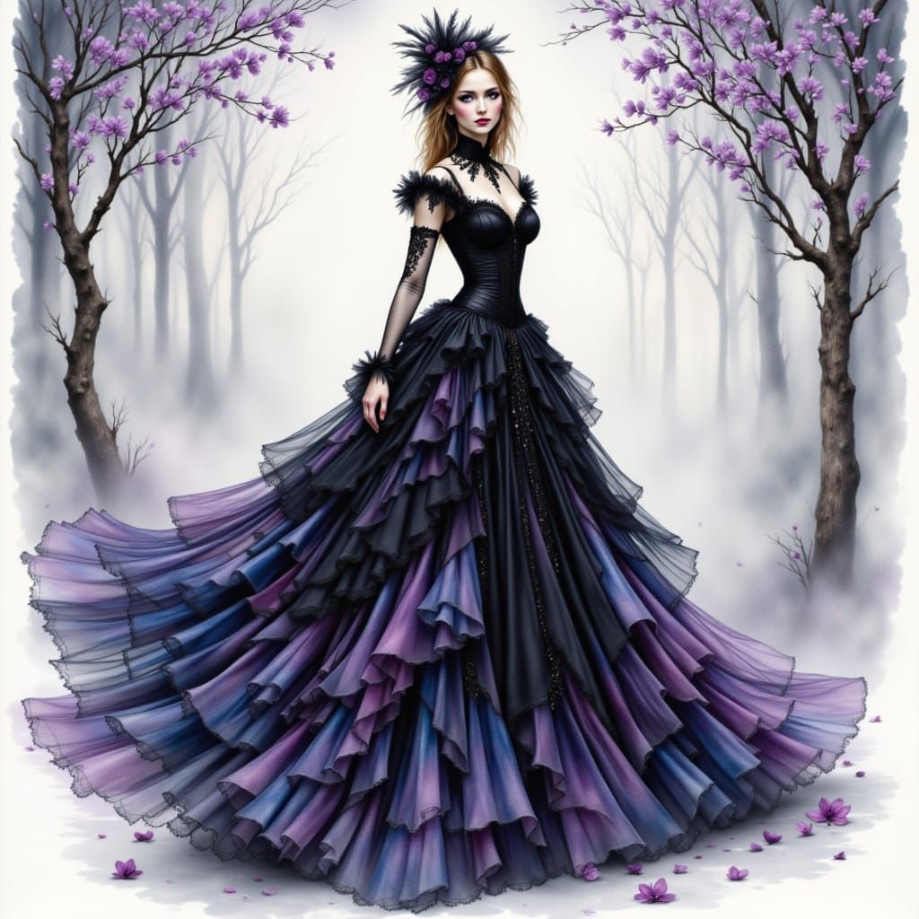 Gothic Gown in Moody Watercolor Style