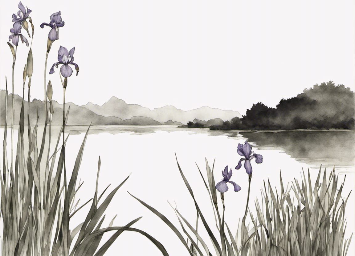 A Japanese Iris on an island in the middle of a lake - Ippitsugaki Japanese calligraphy art Line Painting